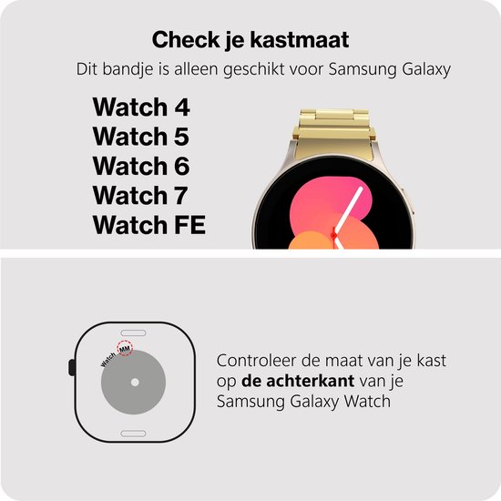Gouden horlogebandje om een Samsung Galaxy Watch 4, 5, 6, 7 of FE te passen. De achterkant van de kast toont de maat.