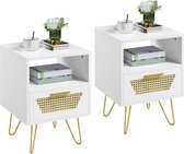 Set de 2 tables de chevet design en rotin, table d'appoint avec 1 tiroir et 1 compartiment de rangement ouvert, table de chevet, pieds en métal, table de chevet, table de canapé pour chambre/salon, blanc