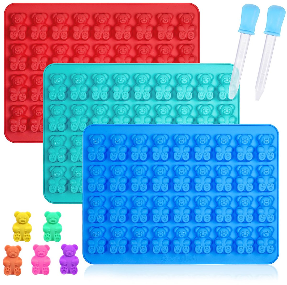 Ibenzoa® Flexibele Siliconen Gummibeertjes- en Chocoladevormen Set van 3 met Pipetten