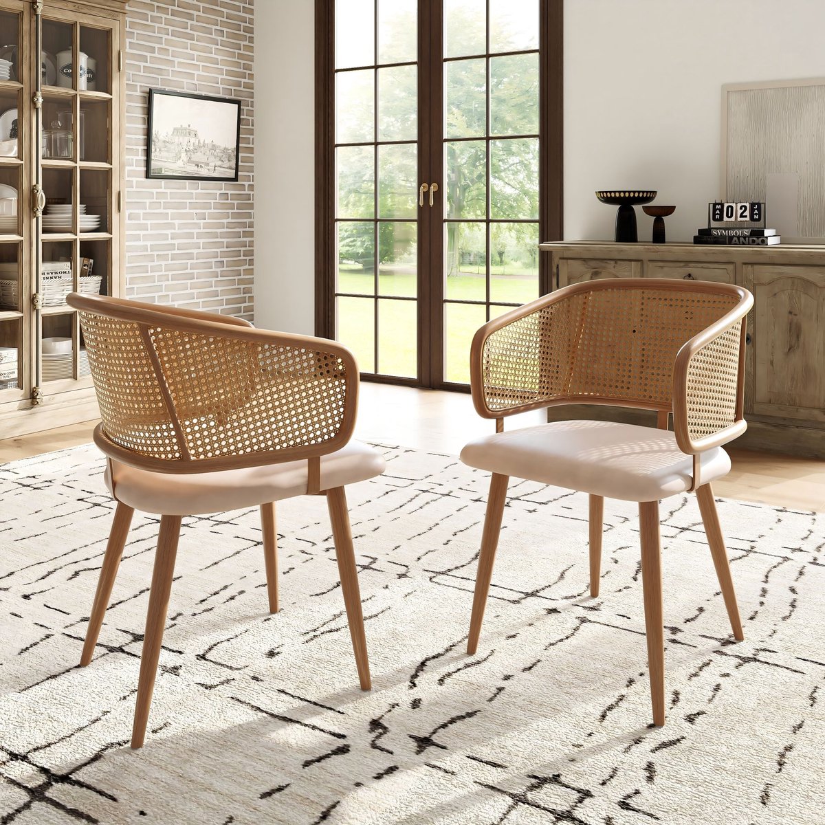 SINGULARITY Eetkamerstoelen - 2 stuks -Rattan rugleuning-PU leren zitkussen-comfortabel en ademend-Houten kleur