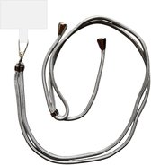 Zilverkleurig telefoonkoord met een platte, witte aansluiting en een tassle-detail aan het uiteinde.