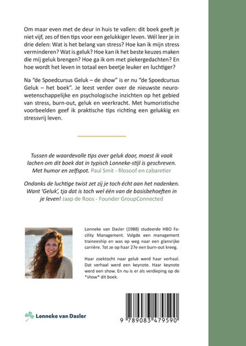 Portret van auteur Lonneke van Dasler lachend, met de tekst 'Lonneke van Dasler' en ISBN.