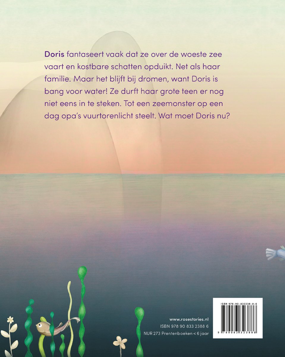 Een onderwaterwereld met zeewier, een visje en een zeepaardje. Tekst over Doris die droomt.