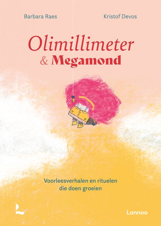 Omslag van het boek Olimillimeter & Megamond met een roze wolk en een personage met felroze haar, hangend aan een draad.