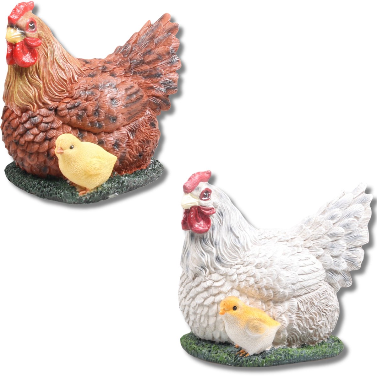 Farmwood Kip met kuiken tuin beeldje 2x - voor binnen/buiten - H19 cm - dieren tuinbeelden