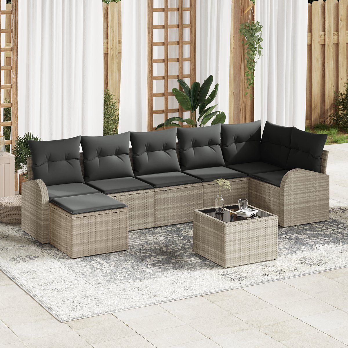 vidaXL - Tuinbank - Set - met - kussen - 8 - pcs - Lichtgrijs - Poly - rattan