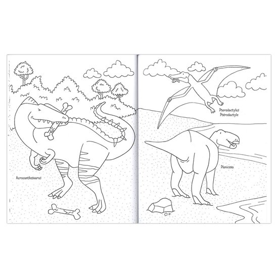 Een open kleurboek met illustraties van twee dinosaurussen: links een Acrocanthosaurus die op een bot kauwt, rechts een Pterodactylus en een Pterodactylus.
