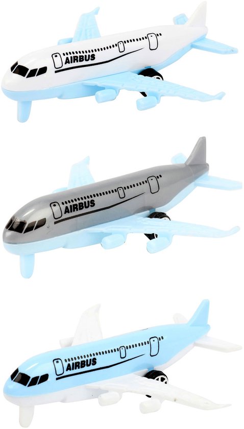 Drie speelgoedvliegtuigen in wit, grijs en lichtblauw, met 'AIRBUS' tekst.
