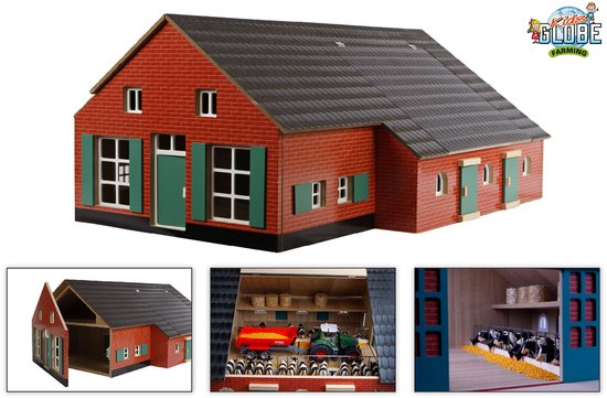 Speelgoedboerderij van rood baksteen met grijs dak en groene luiken, met detailfoto's van de binnenkant.