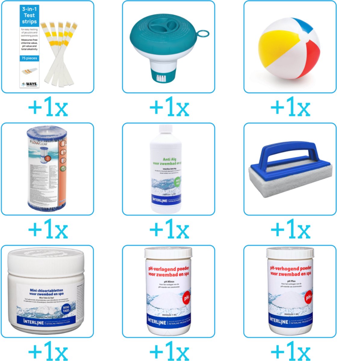Alles-in-1 Zwembad Onderhoudspakket – bevat Chloor – PH-min – PH-plus – Filter – Anti Alg – Scrubborstel – Testrips – Chloordrijver en Strandbal (9-delig) Alles-in-1 Zwembad Onderhoudspakket – bevat Chloor – PH-min – PH-plus – Filter – Anti Alg – Scrubborstel – Testrips – Chloordrijver en Strandbal (9-delig)