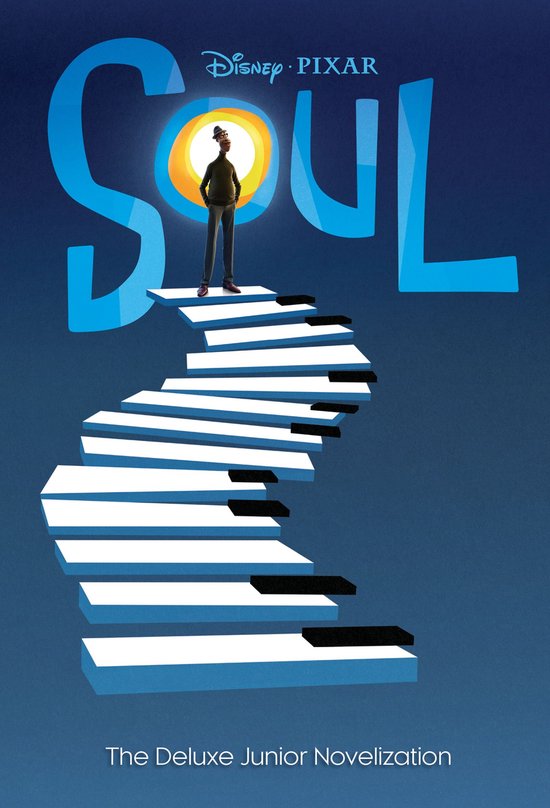 De cover van de Disney/Pixar film Soul toont Joe Gardner op een trap van pianotoetsen met de titel 'Soul'.