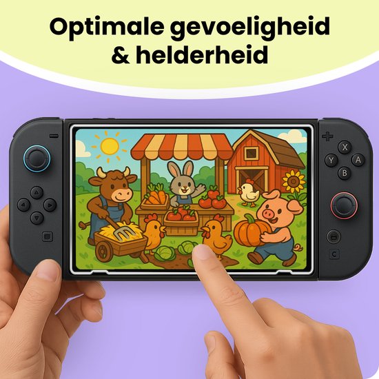 Een Nintendo Switch 2 met een boerderijspel, genaamd 'Optimale gevoeligheid & helderheid'.