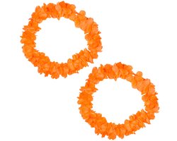 Verkleed Hawaii bloemen slingers - 2x - neon oranje - Koningsdag/oranjefeest thema