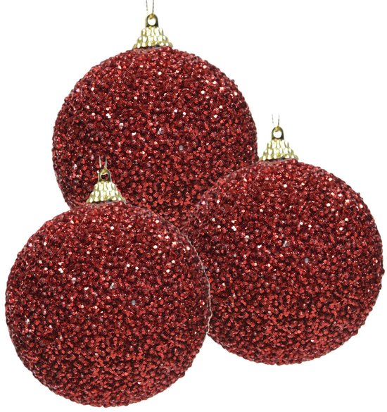 3x Noël rouge paillettes / boules de Noël perles 8 cm plastique - Boules de Noël incassables - Décorations pour sapin de Noël rouge