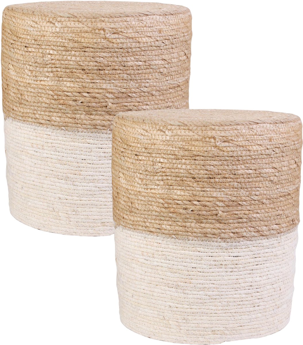 Home Deco Factory Bijzet poef Mirage - 2x - Ibiza/boho - beige - MDF - 35 x 41 cm - gevlochten