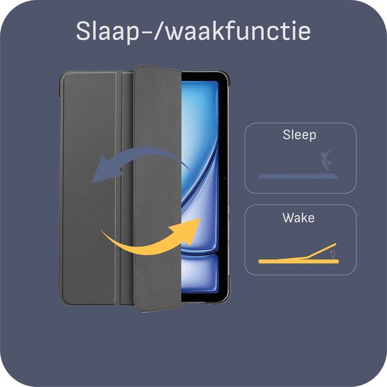 Donkergrijze tablethoes met openklapbare flap, met iconen die de slaap- en waakfunctie illustreren.