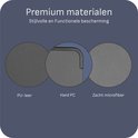 Drie cirkels tonen het materiaal van de hoes: PU-leer, hard polycarbonaat en zachte microvezel.