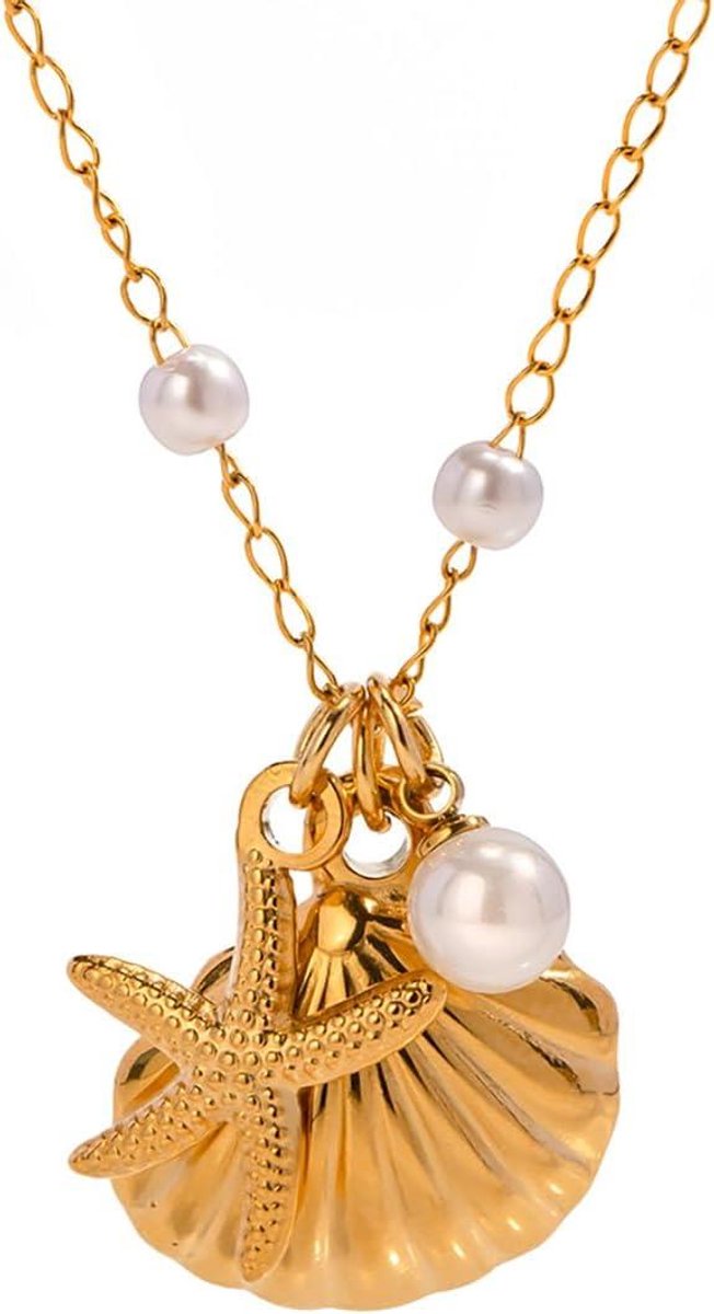 Halsketting met schelpen, zeester en parels voor vrouwen - Strandcharmhanger met delicate verstelbare gouden lagen - Zomerse oceaansieraden in goud - Maat L