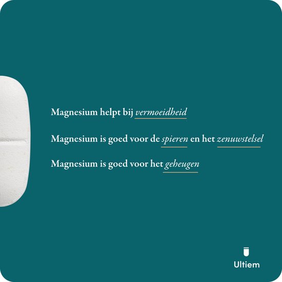 Close-up van een magnesiumtablet en tekst over de voordelen.