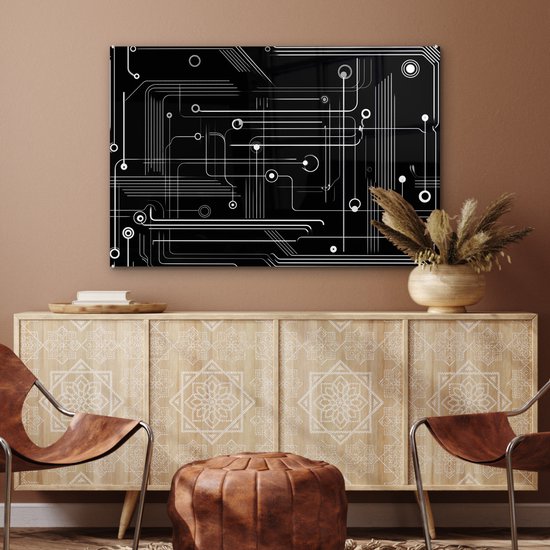 MuchoWow® Glasschilderij 90x60 cm - Schilderij acrylglas - Abstract - Lijnen - Rondjes - Zwart - Foto op glas - Muurdecoratie woonkamer - Wanddecoratie slaapkamer - Schilderijen