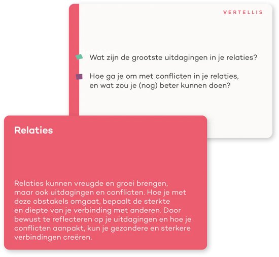 Vertellis Vitaliteit Deck: Vragen over relaties, zoals 'Wat zijn de grootste uitdagingen in je relaties?'