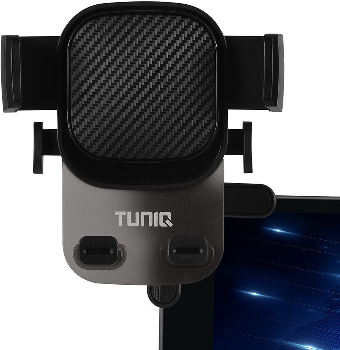 TUNIQ Universele Telefoonhouder Auto - Screen Corner Houder 360° Draaibaar – Verstelbaar voor Alle Smartphones - Stevige Bevestiging op Schermrand - Geschikt voor iPhone 12 t/m 17, Samsung Galaxy S23-S25, Xiaomi, Oppo, Google Pixel - Zwart