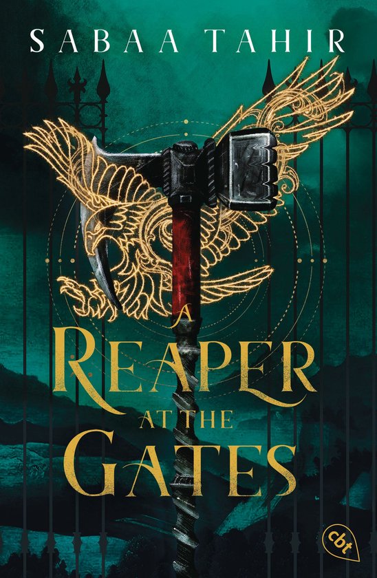Een strijdhamer met gouden vleugels en de tekst 'A Reaper at the Gates' op een donkergroene achtergrond.