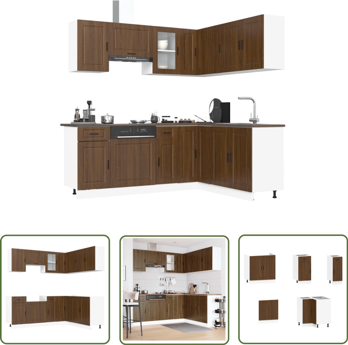 The Living Store 11-delige Keukenkastenset Porto bewerkt hout bruin eikenkleur - Keukenkasten - Houten Keukenkasten - Bruine Keukenkasten - Keukenopstelling - Keukenrenovatie