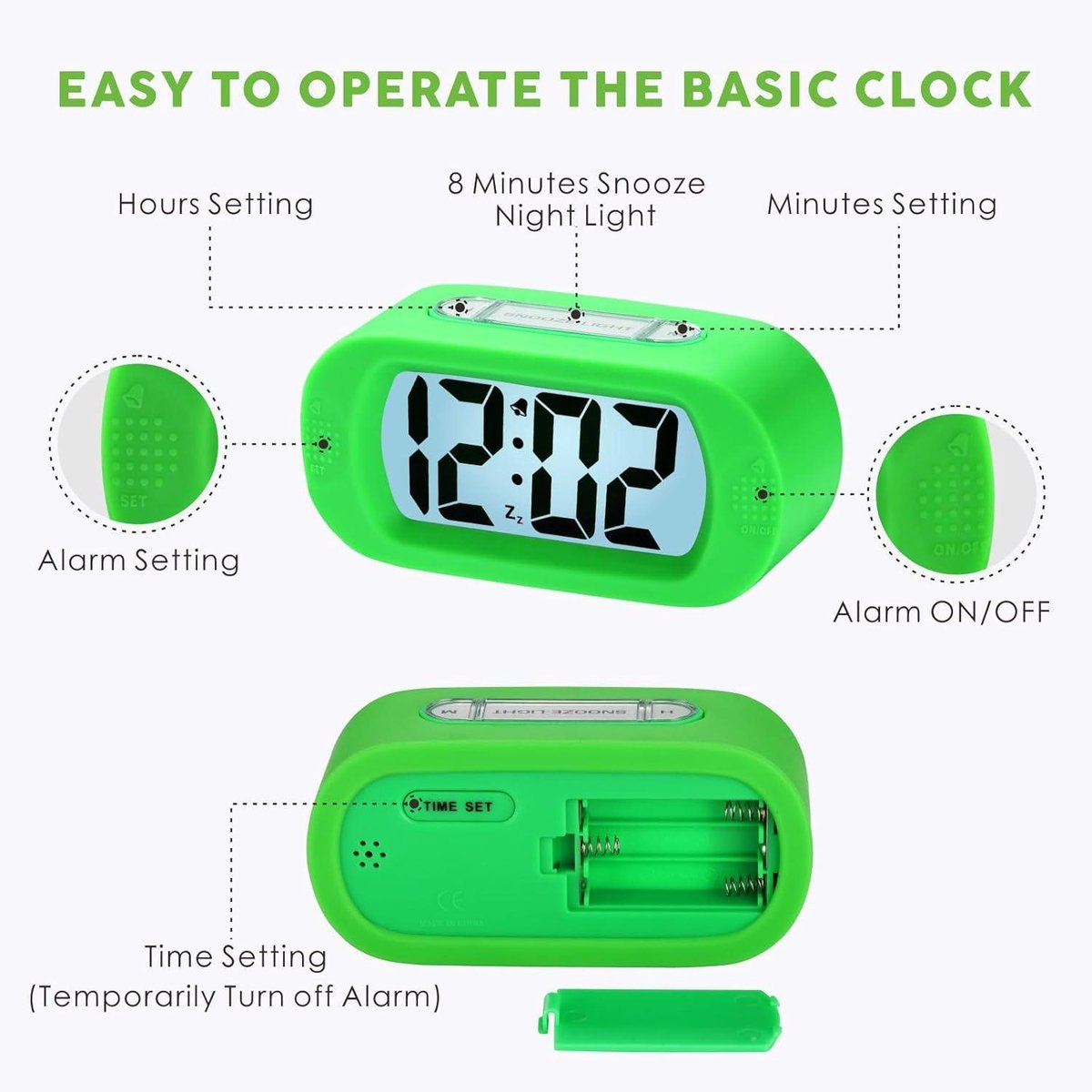 Digitale Wekker Klok - 24uurs wekker - Werkt Op Batterijen - Makkelijk Instelbaar Alarm met Snooze en licht Functie - Kinderwekker Reiswekker - Digitale LED Klok/Wekker - Trendy Wekker Met Snooze functie - Stevige Alarmklok - Groen — cadeau in Elektronica - foto 6
