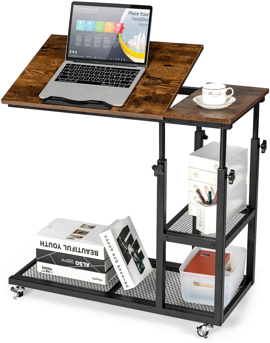 Costway Bijzettafel hout, in hoogte verstelbaar en kantelbaar, banktafel C-vorm, 3 niveaus laptoptafel met wielen, 80 x 40 x 95 cm, voor woonkamer en slaapkamer (vintage) Geel