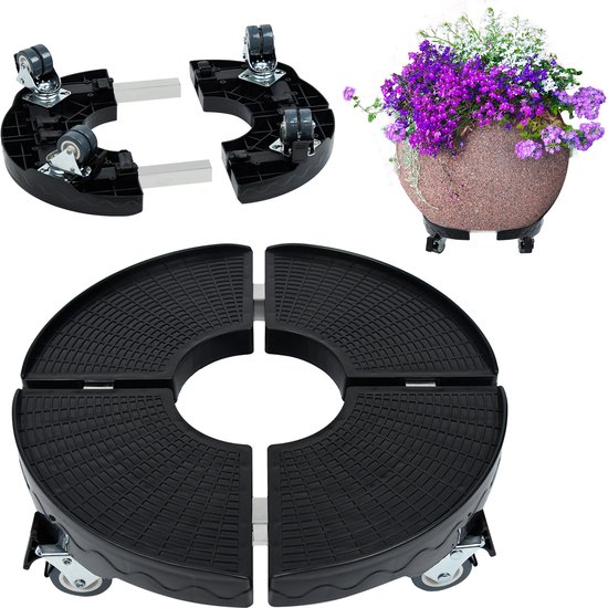 Zwarte planten-caddy ronde beweegbare plantenbak, ronde bloempot-mover, rollende plant op wielen binnen, plantenbakonderzetter voor buiten, rolwagen-palet voor binnen