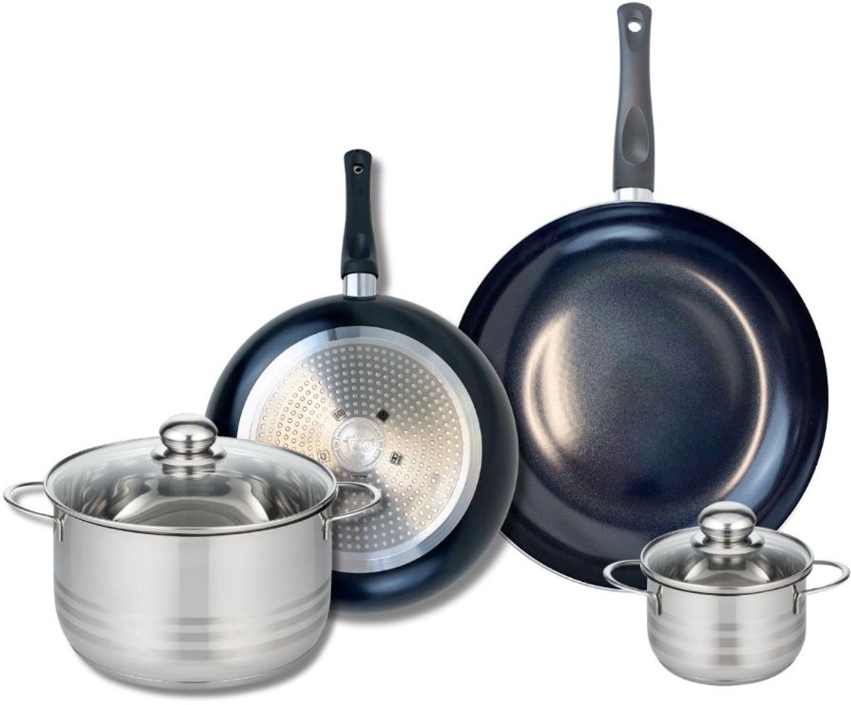 Set van 2 Koekenpannen 24 en 28 cm en 2 Kookpotten 12 en 20 cm Elo Prima Glanzend