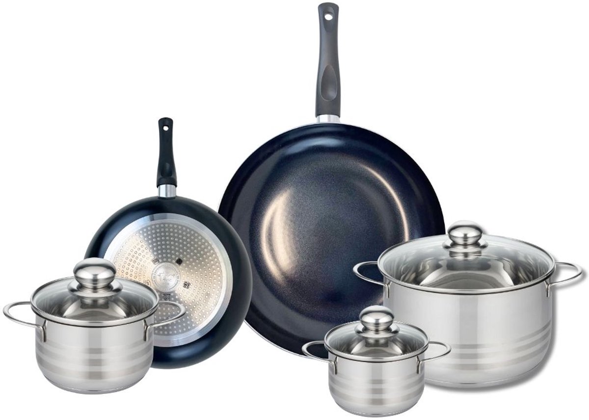 Set van 2 Koekenpannen 20 en 28 cm en 3 kookpotten 12, 14 en 20 cm Elo Prima Brillant