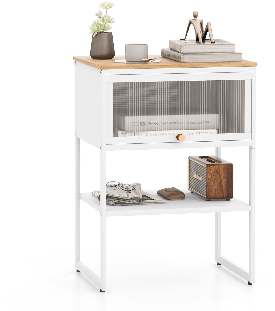 Costway Nachtkastje metalen frame, bijzettafel met doorzichtige klapdeur, lade en open plank, nachtkastje modern, banktafel voor woonkamer, slaapkamer, hout, 40 x 32 x 56 cm (wit)