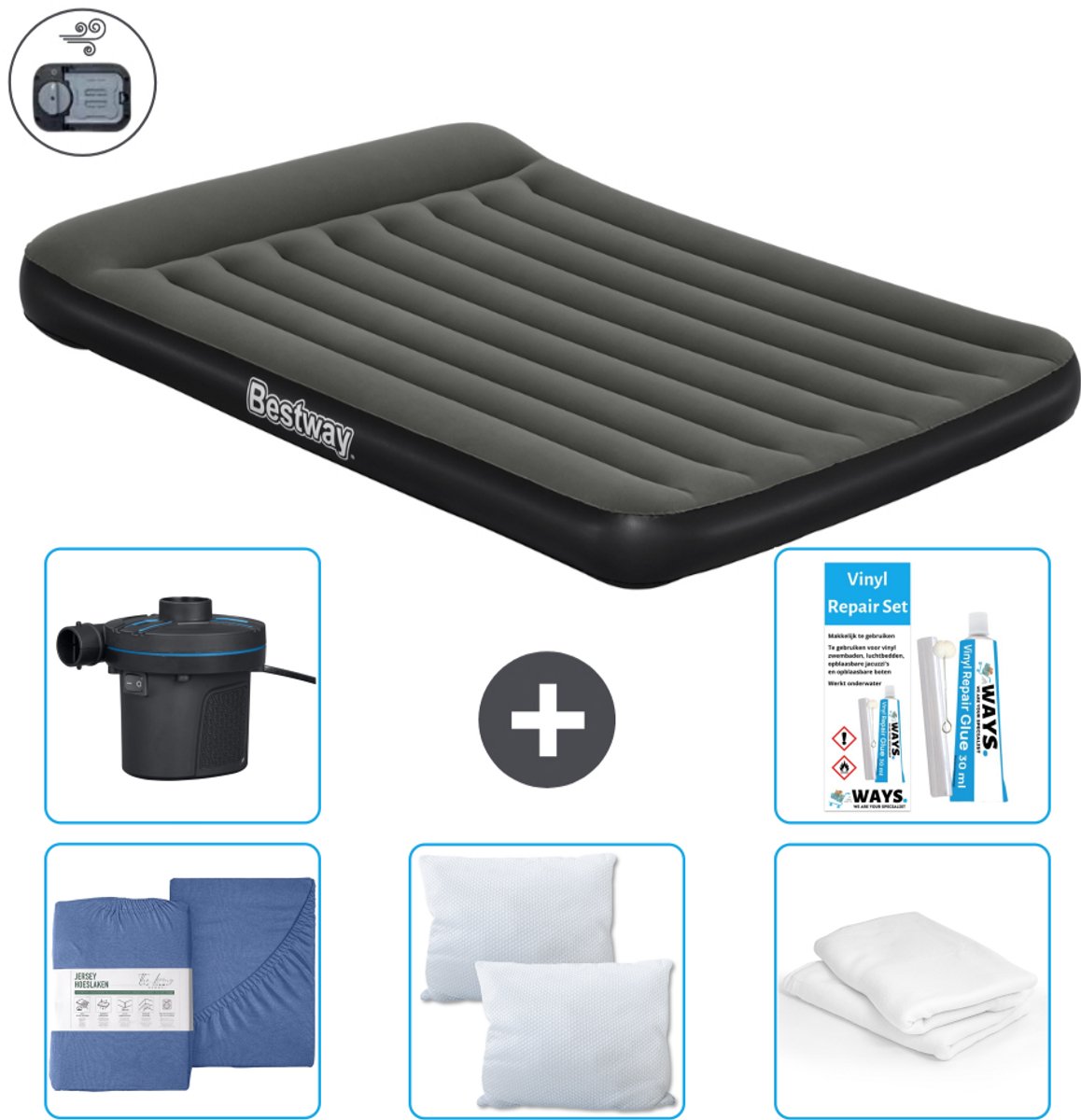 Bestway luchtbed - 2-Persoons - 152 x 203 x 30 cm - Groen - Inclusief pomp - Hoeslaken - Kussen - Kussenbeschermer - Pomp en Reparatieset