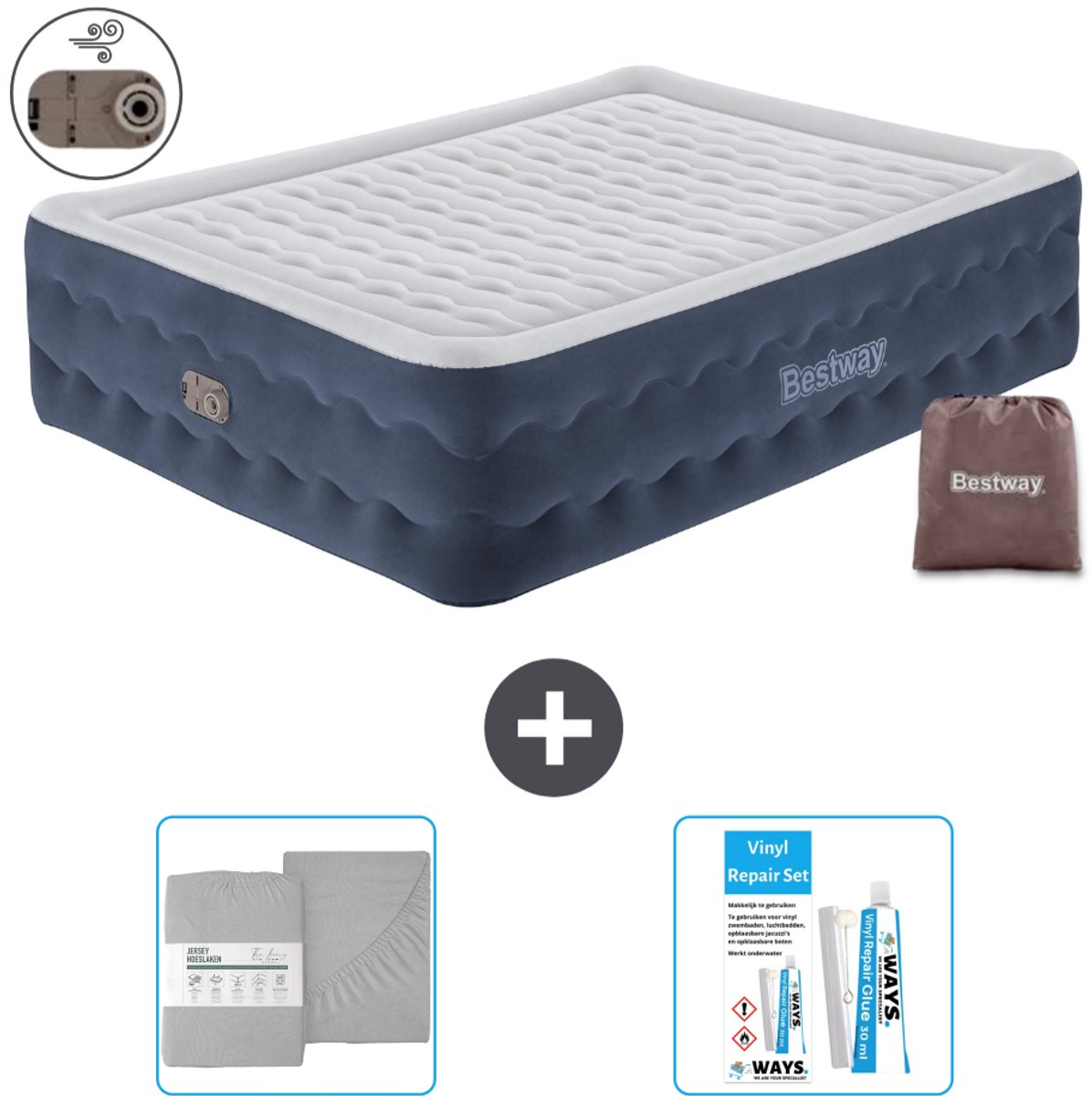 Bestway luchtbed - 2-Persoons - 152 x 203 x 51 cm - Blauw - Inclusief pomp - Hoeslaken en Reparatieset