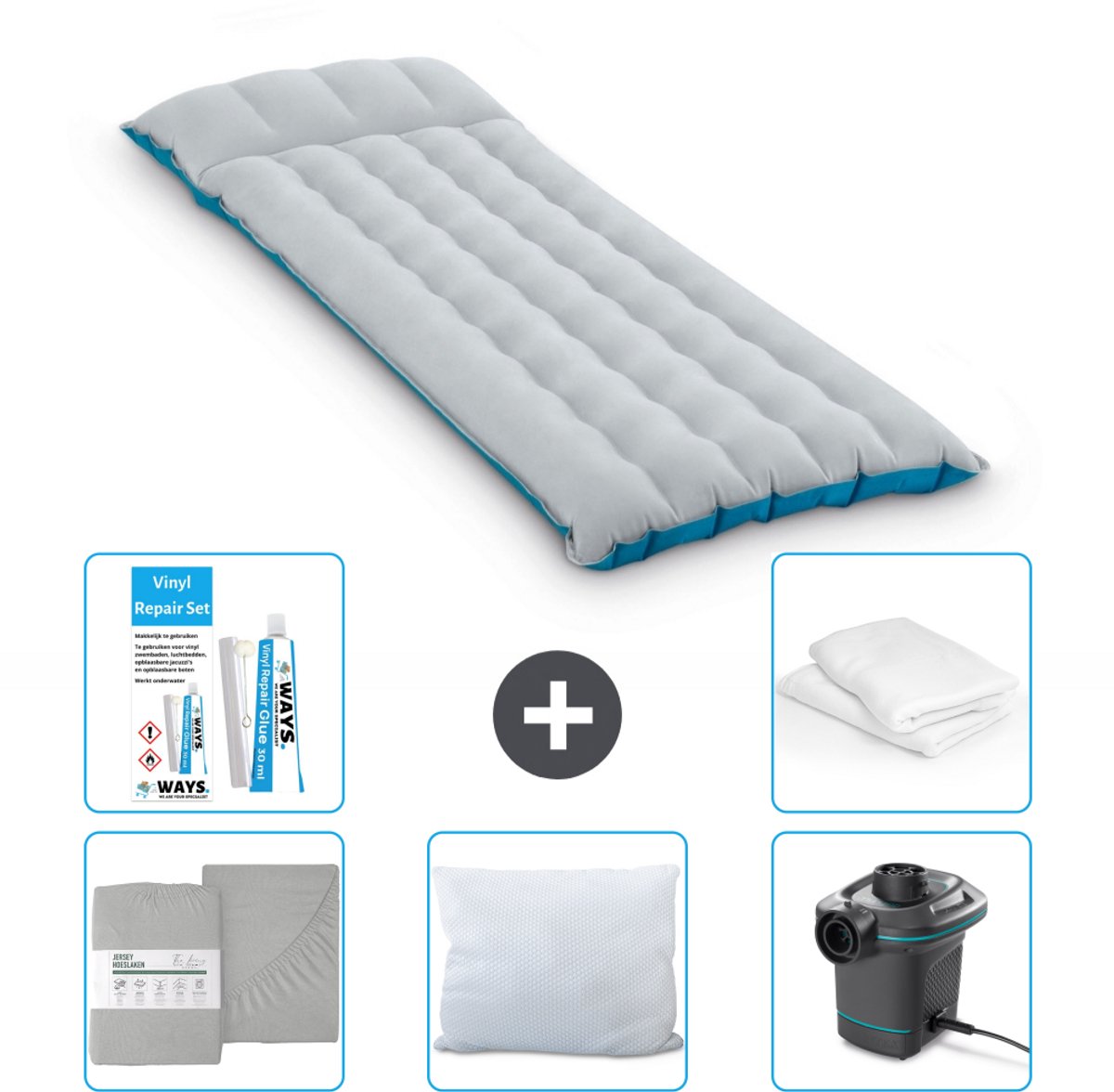 Intex Campingmat - 1-Persoons - 67 x 184 x 17 cm - Blauw - Inclusief Hoeslaken - Kussen - Pomp - Reparatieset en Kussenbeschermer