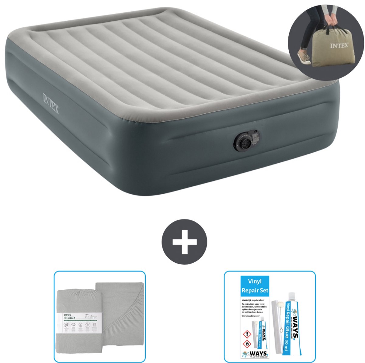 Intex Luchtbed - 2-Persoons - 152 x 203 x 46 cm - Grijs - Inclusief pomp - Hoeslaken en Reparatieset
