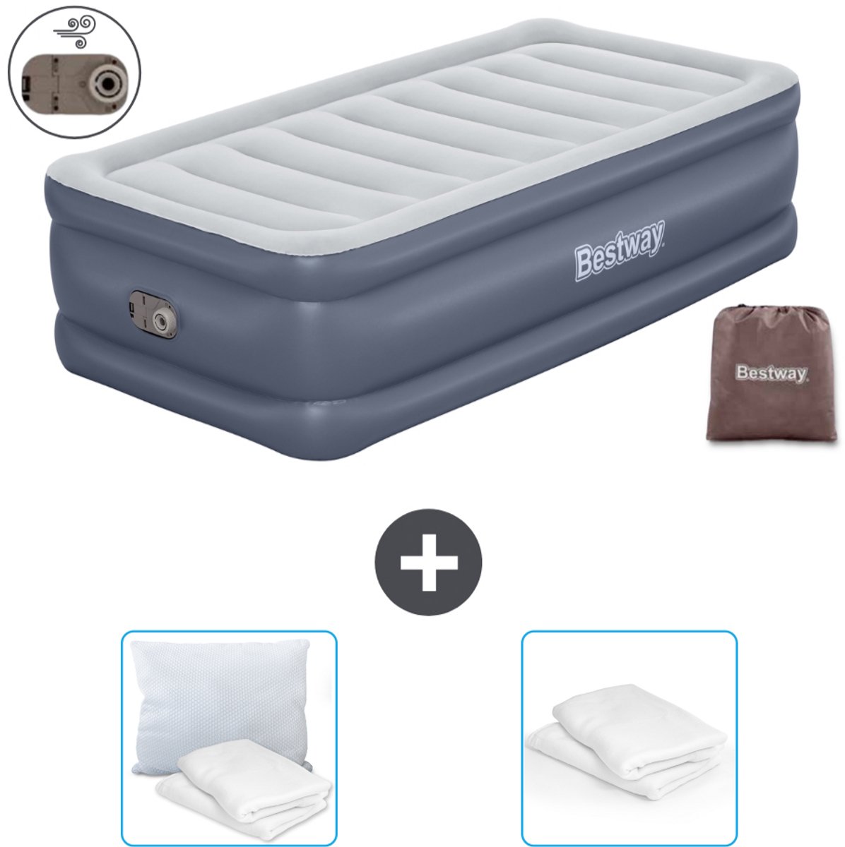 Bestway luchtbed - 1-Persoons - 97 x 191 x 51 cm - Grijs - Inclusief pomp - Kussen en Kussenbeschermer