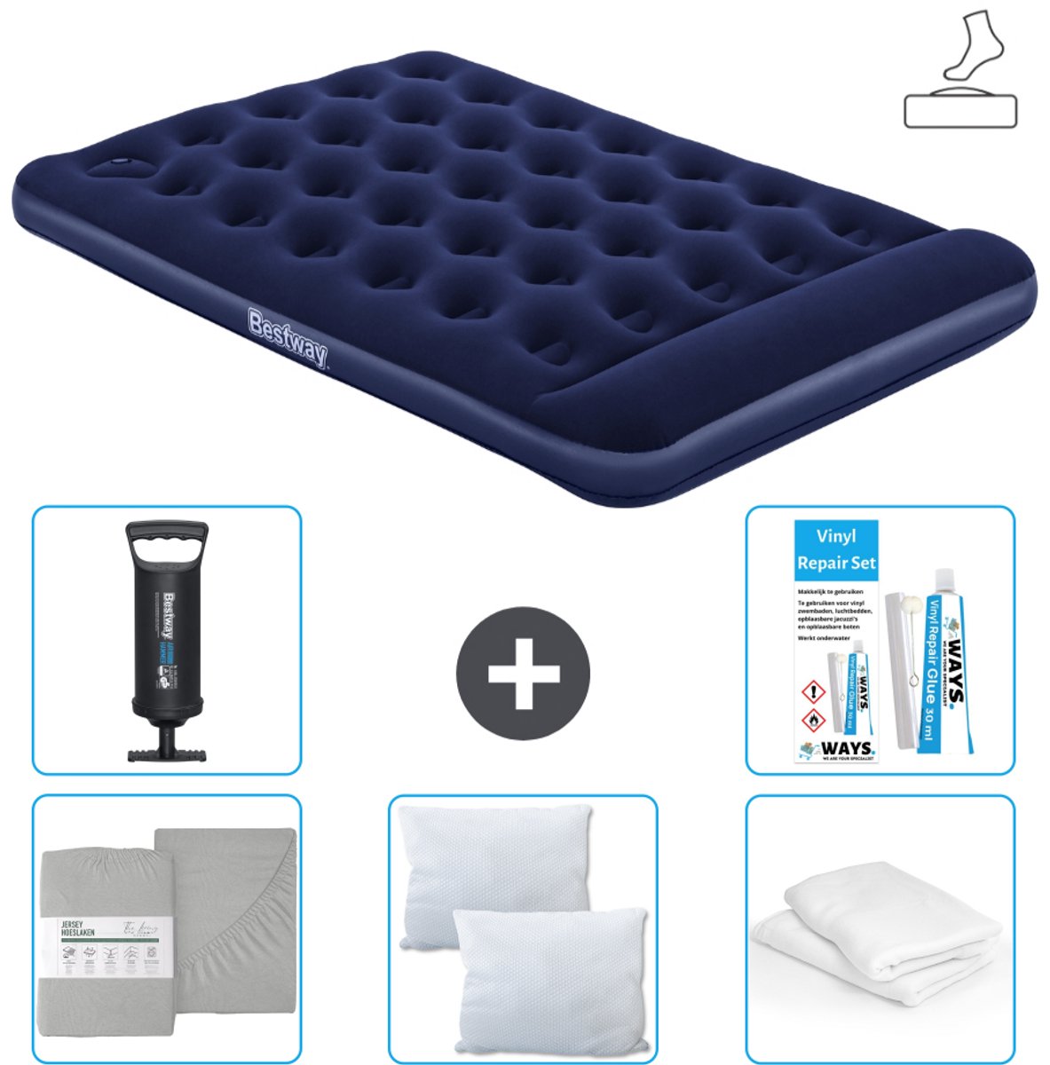 Bestway luchtbed - Twijfelaar - 137 x 191 x 28 cm - Blauw - Inclusief pomp - Hoeslaken - Kussen - Kussenbeschermer - Pomp en Reparatieset