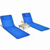 Bol.com Zenzee Strandstoel - Set van 2 - Met klaptafel – Blauw – Ligbed – Zonnebed – Strandmat met rugleuning – Afneembare hoofd... aanbieding