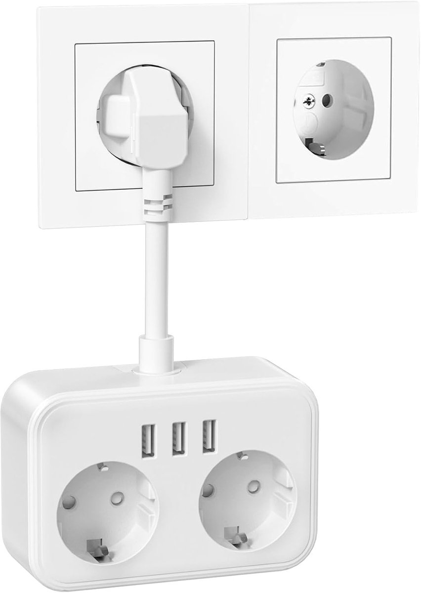 Dubbel stopcontact - Stekkerdoos met USB - Meerdere apparaten laden - 5-in-1 functie - 2 stopcontacten 3 USB - Wit
