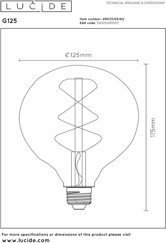 Ampoule LED Lucide - Lampe à incandescence - Ø 12,5 cm - LED Dim. - E27 - 1x5W 2200K - Ambre