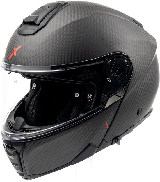 Casque modulable noir aspect carbone, visière claire et logo X rouge.
