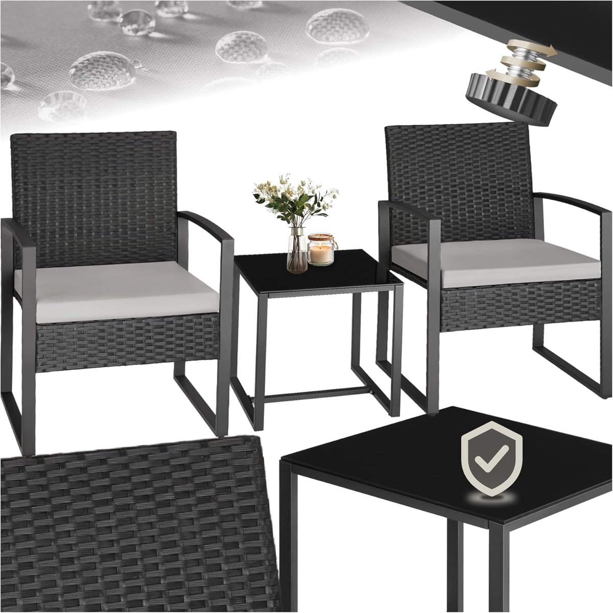 Comfortabele 3-delige bistroset voor tuin en balkon - Duurzaam stalen frame, 2 stoelen en 1 tafel met glazen blad