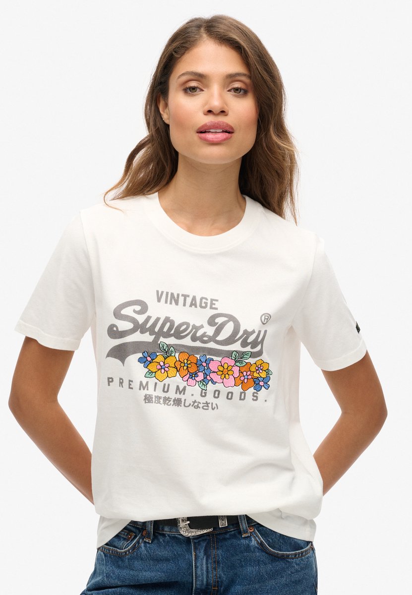 Superdry Premium Goods T-shirt met bloemenprint en vintage logo Dames T-shirts Creme