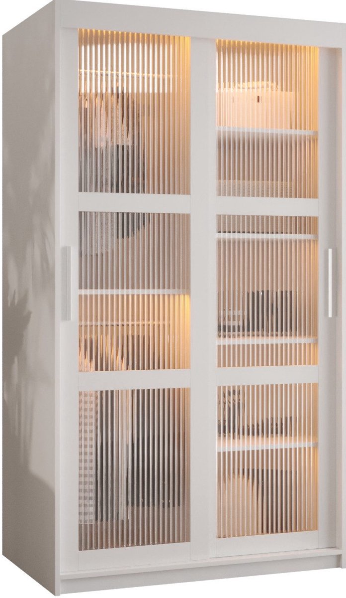AJE Meubles B.V. Zweefdeurkast Kledingkast met 2 schuifdeuren glanzen slaapkamerkast Kledingstang met planken Garderobekast met geribbeld glas - ARTON (100 cm, Wit)