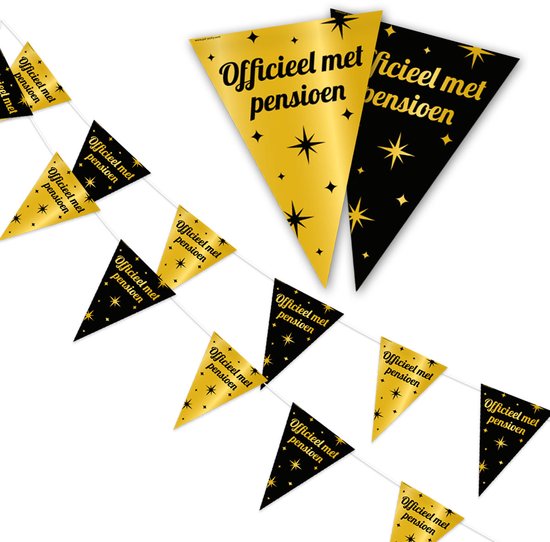 Gouden en zwarte slingers met sterren en de tekst 'Officieel met pensioen'.