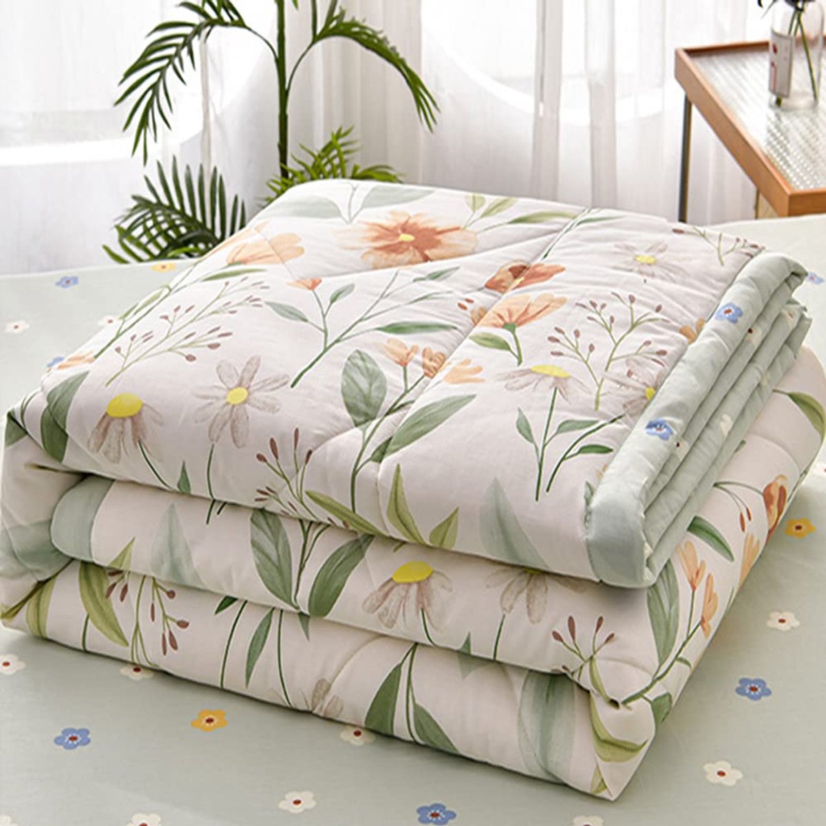 Unyqoos ® Gewatteerde Omkeerbare Sprei Met Bloemen- En Graspatroon Voor Slaapkamer En Woonkamer