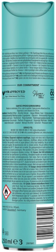 Achterkant van een turquoise Taft haarlakbus met ingrediënten en waarschuwingen.